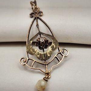 10k victorian old miner cut diamond and pearl pendant.